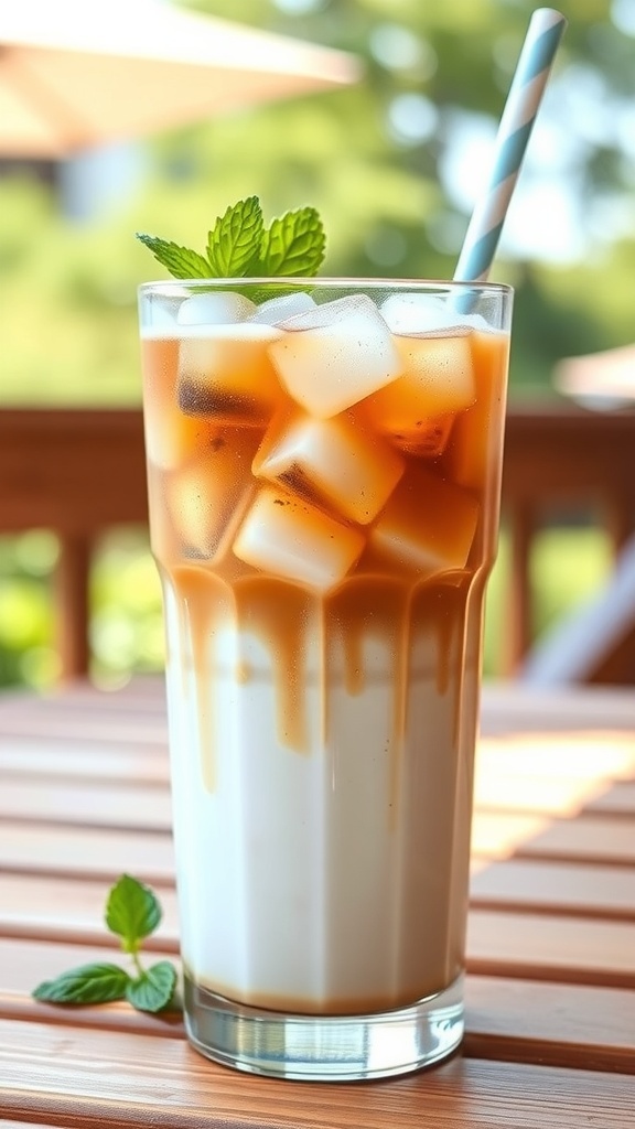 A refreshing iced coffee drink with almond milk and mint, served in a clear glass.